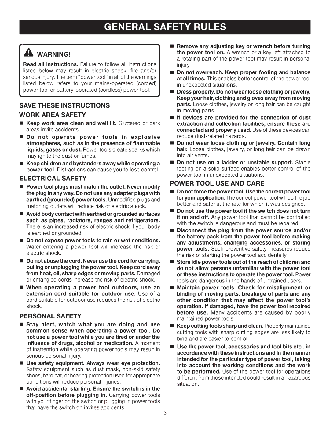 Ryobi D552HK manual General Safety Rules, Work Area Safety, Electrical Safety, Personal Safety, Power Tool USE and Care 