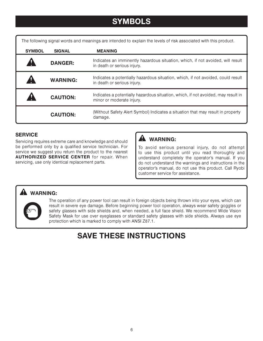 Ryobi D552HK manual Service, Symbol Signal Meaning 