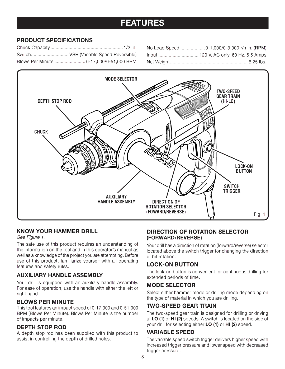 Ryobi D552HK manual Features 