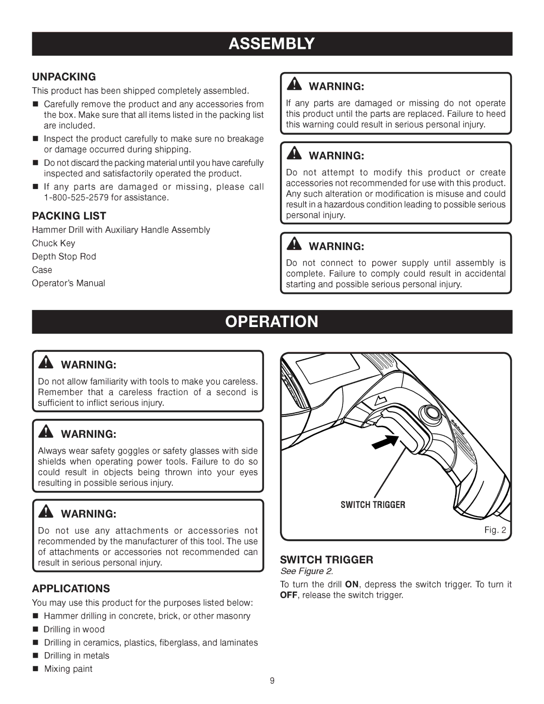 Ryobi D552HK manual Assembly, Operation 