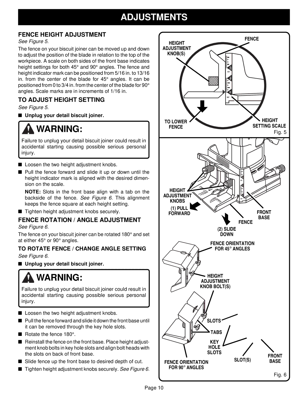 Ryobi DBJ50 specifications Fence Height Adjustment, To Adjust Height Setting, Fence Rotation / Angle Adjustment 