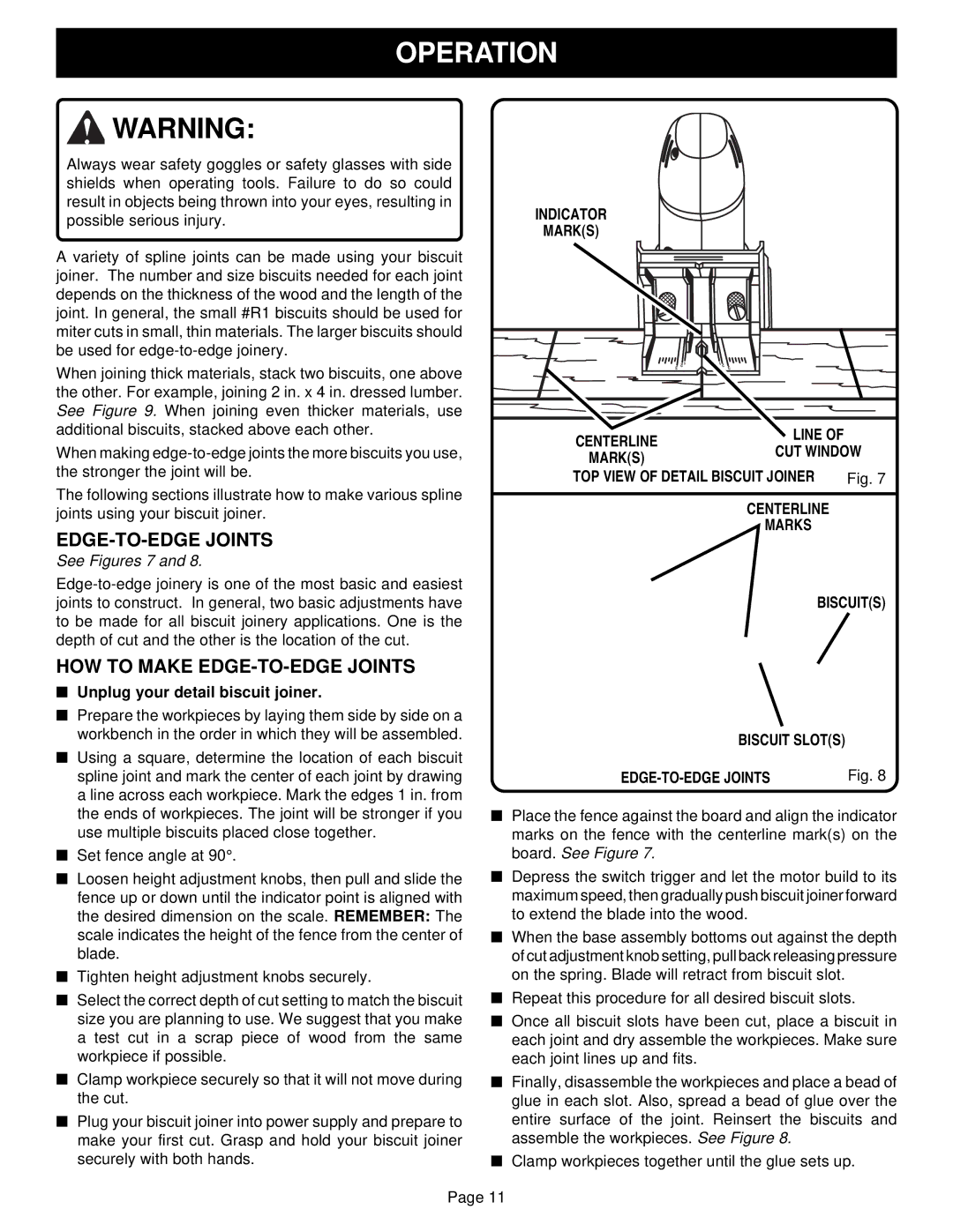 Ryobi DBJ50 specifications Operation, HOW to Make EDGE-TO-EDGE Joints, Indicator Marks 