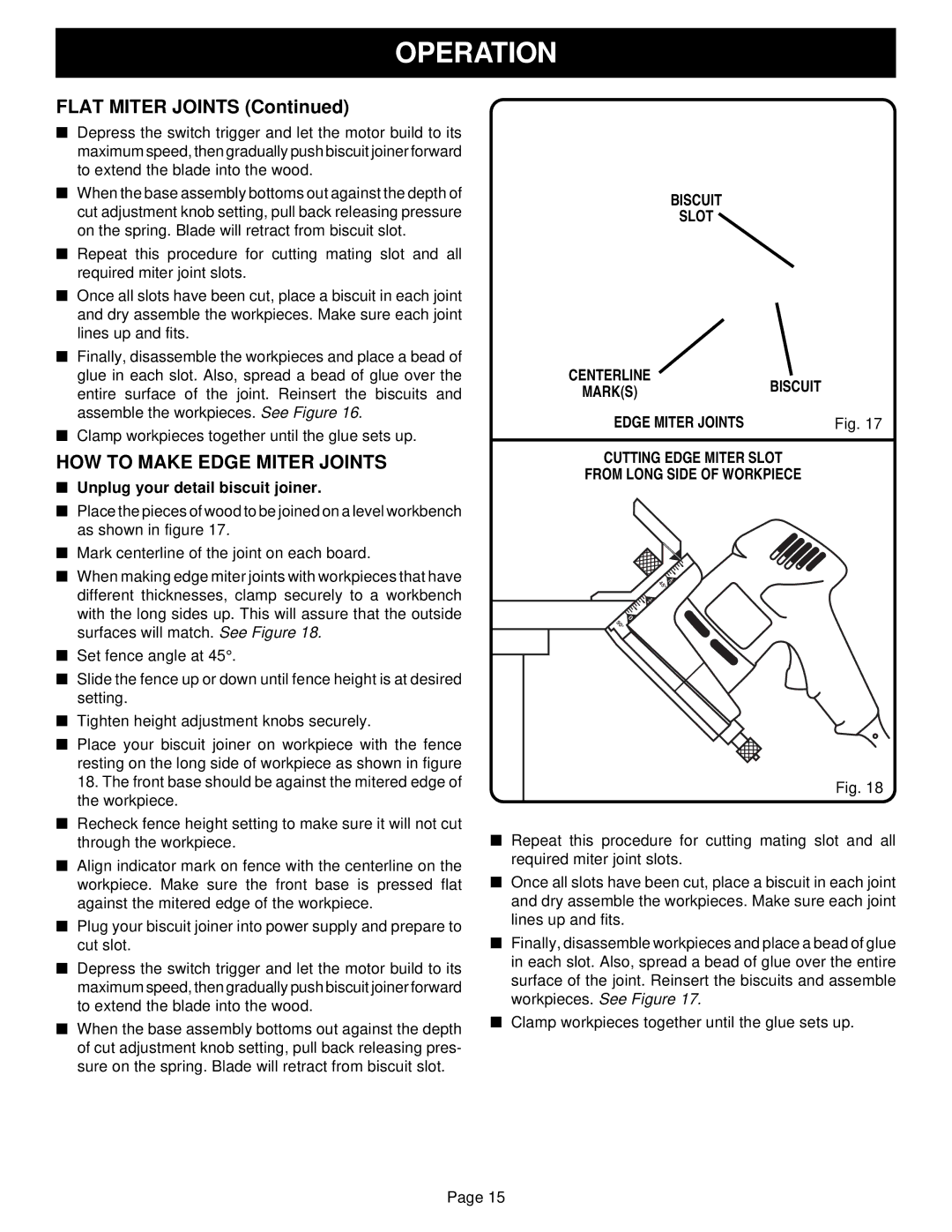 Ryobi DBJ50 specifications Flat Miter Joints, HOW to Make Edge Miter Joints 