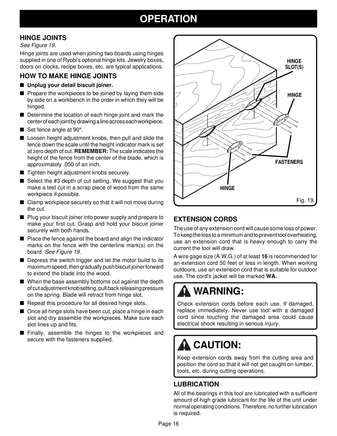 Ryobi DBJ50 specifications HOW to Make Hinge Joints, Extension Cords, Lubrication 