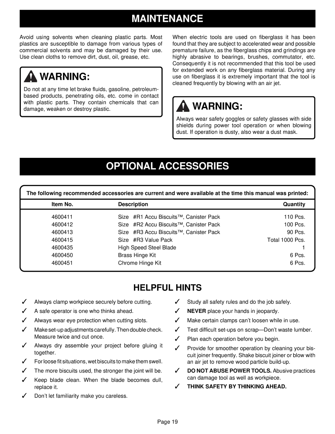 Ryobi DBJ50 specifications Optional Accessories, Think Safety by Thinking Ahead 