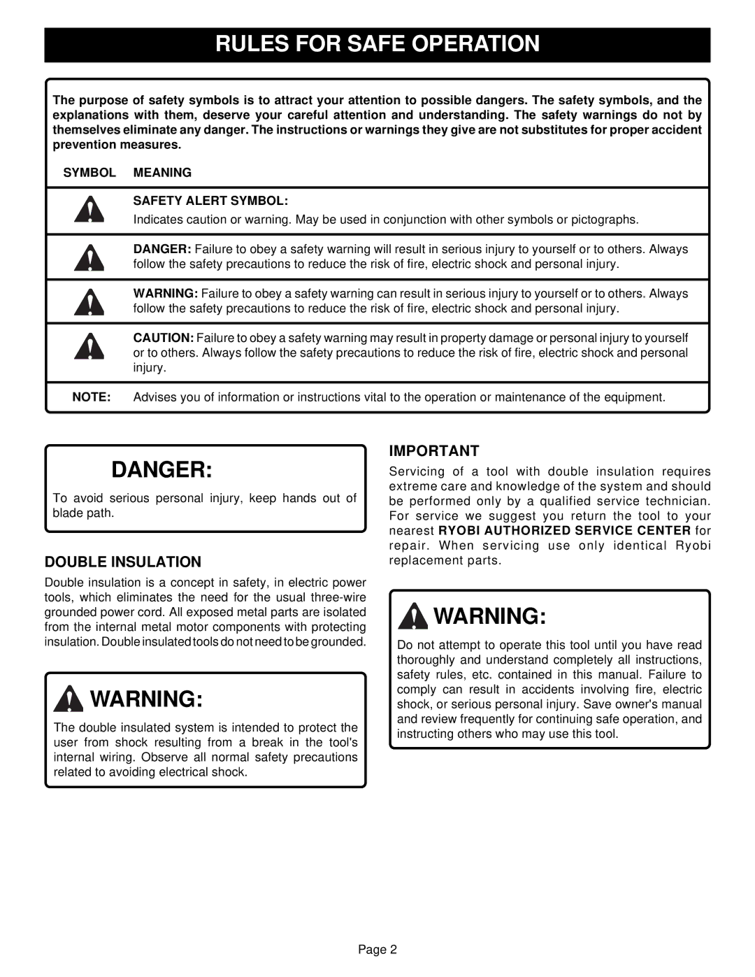 Ryobi DBJ50 specifications Rules for Safe Operation, Double Insulation, Symbol Meaning Safety Alert Symbol 