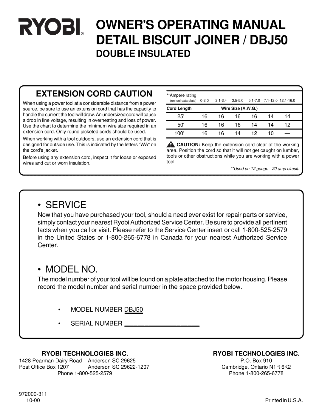 Ryobi DBJ50 specifications Extension Cord Caution, Ryobi Technologies INC 