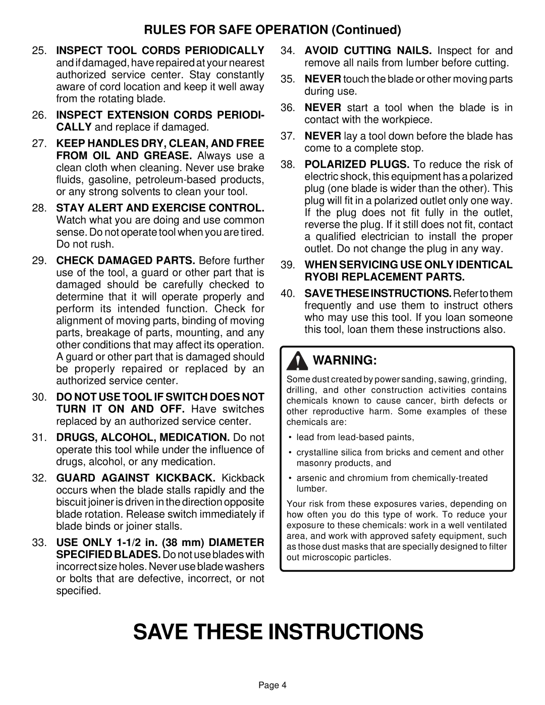 Ryobi DBJ50 specifications Rules for Safe Operation 