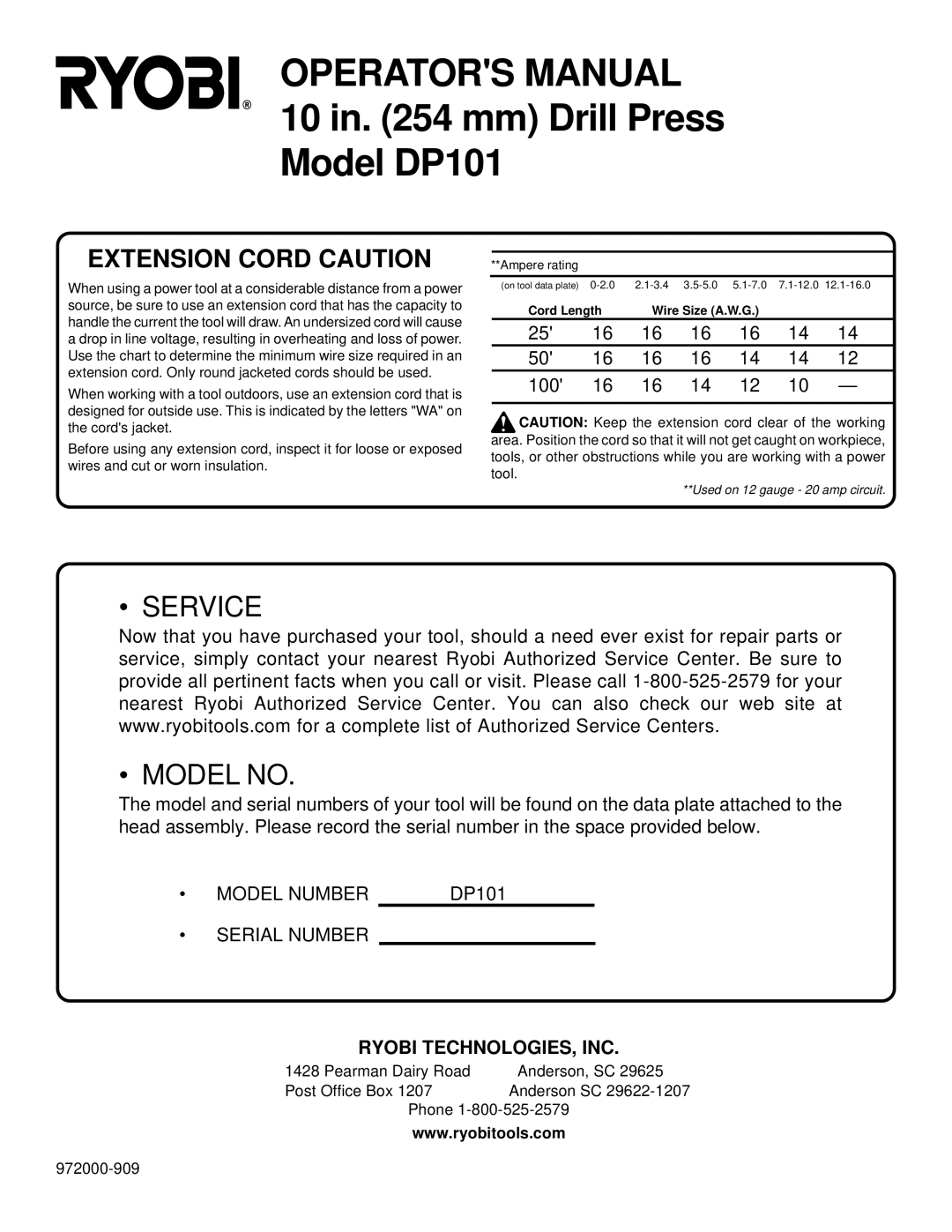 Ryobi DP101 warranty Operators Manual, Ryobi TECHNOLOGIES, INC 