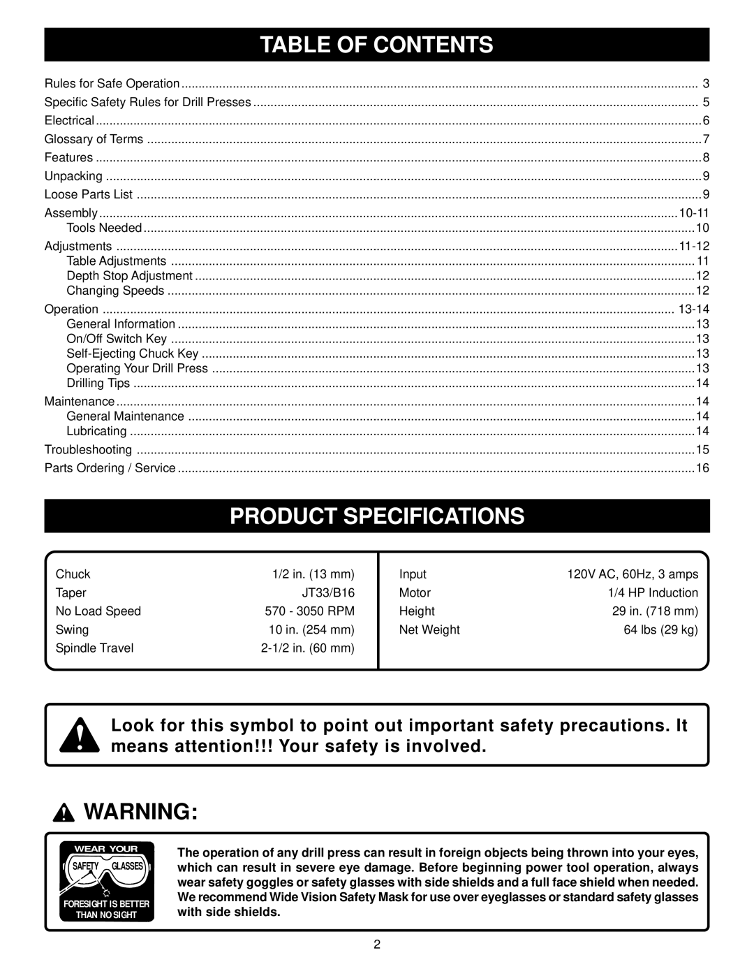 Ryobi DP101 warranty Product Specifications, Table of Contents 