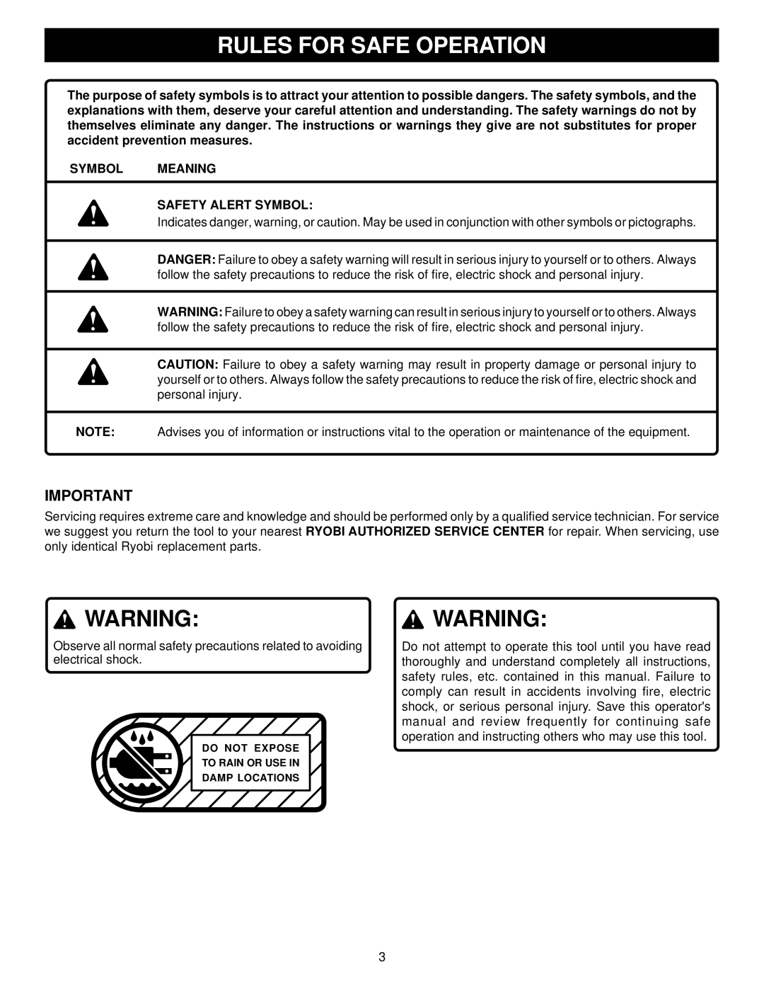 Ryobi DP101 warranty Rules for Safe Operation, Symbol Meaning Safety Alert Symbol 