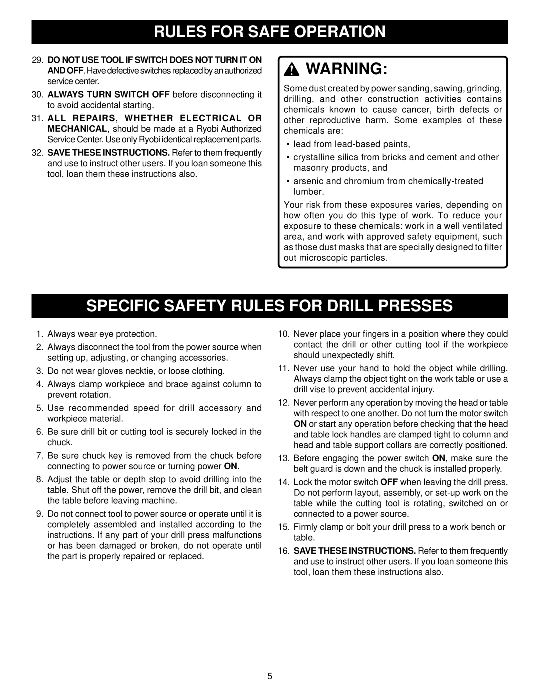 Ryobi DP101 warranty Specific Safety Rules for Drill Presses 