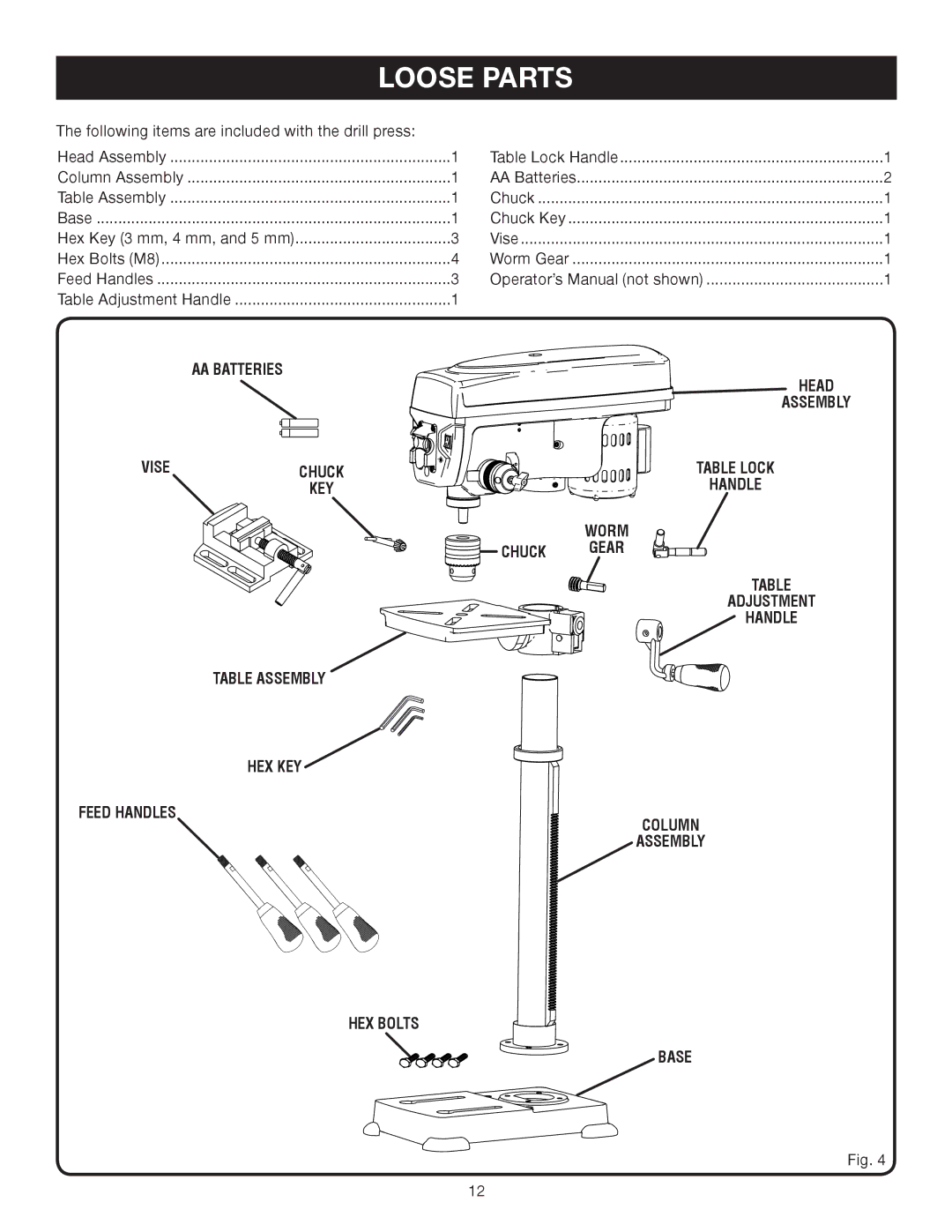 Ryobi DP102L manual Loose Parts, AA Batteries, Chuck, Adjustment Handle Table Assembly HEX KEY Feed Handles, HEX Bolts Base 
