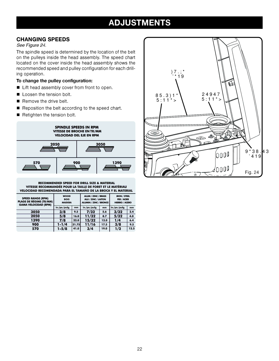 Ryobi DP102L manual Changing Speeds, Drive Belt Spindlemotor Pulleypulley Tension Bolt 