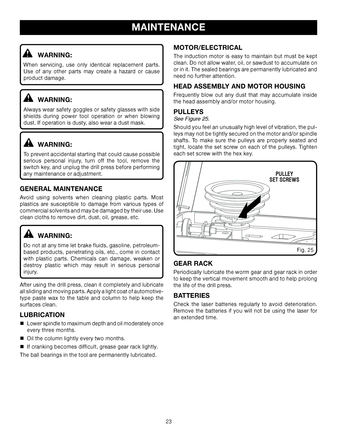 Ryobi DP102L manual Maintenance 