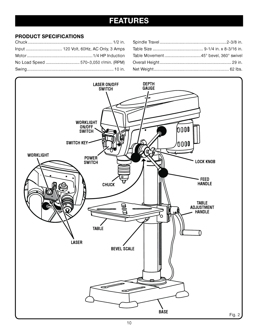 Ryobi DP102L manual Features, Product specifications, Laser on/off Depth Switch 