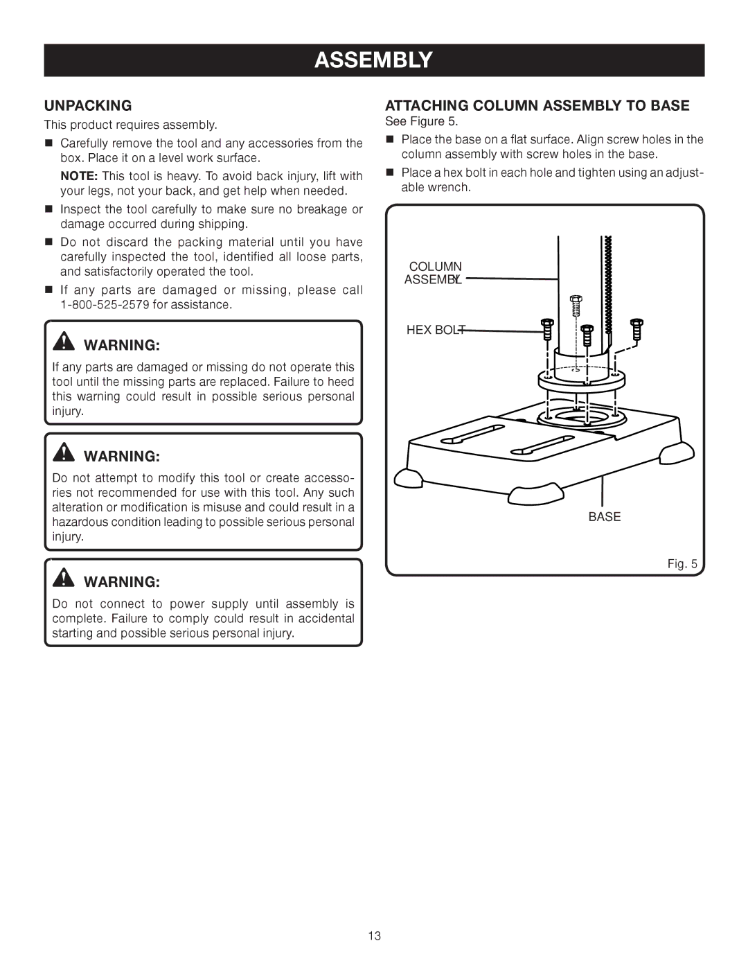 Ryobi DP102L manual Assembly, Unpacking, Attaching column assembly to base, Column ­assembly Hex bolt 