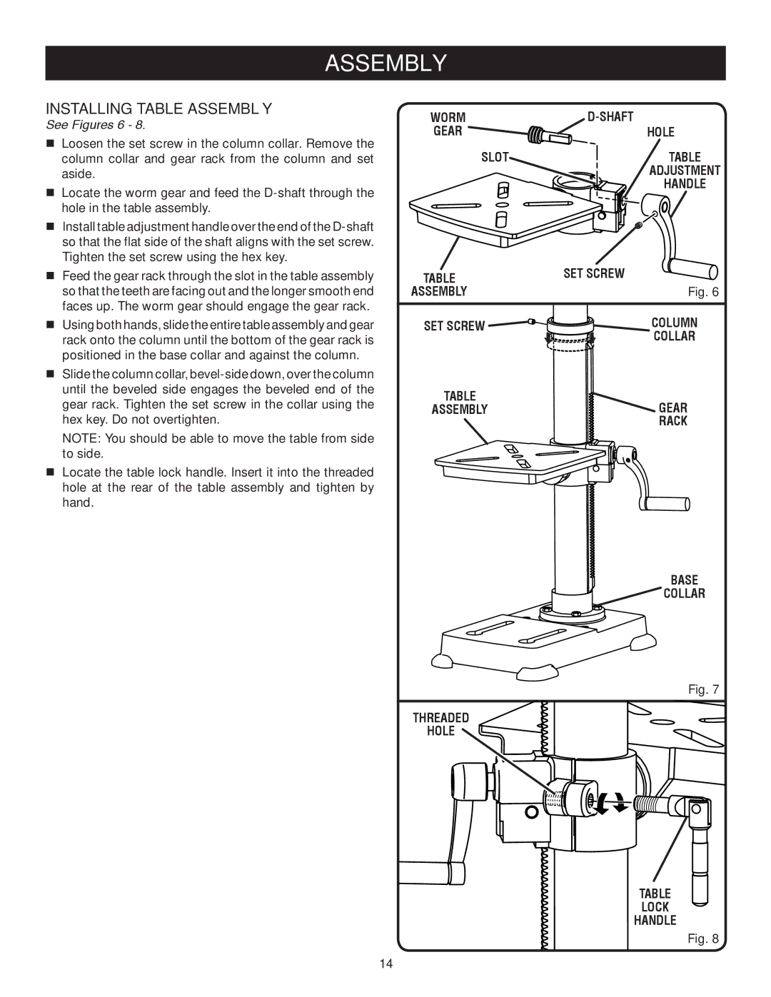 Ryobi DP102L manual Assembly, Installing table assembly 