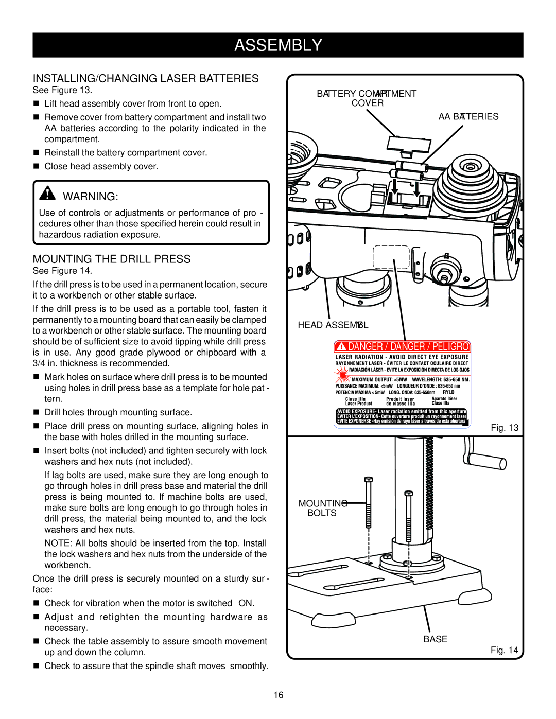 Ryobi DP102L manual Installing/changing laser batteries, Mounting the Drill press, Mounting bolts Base 