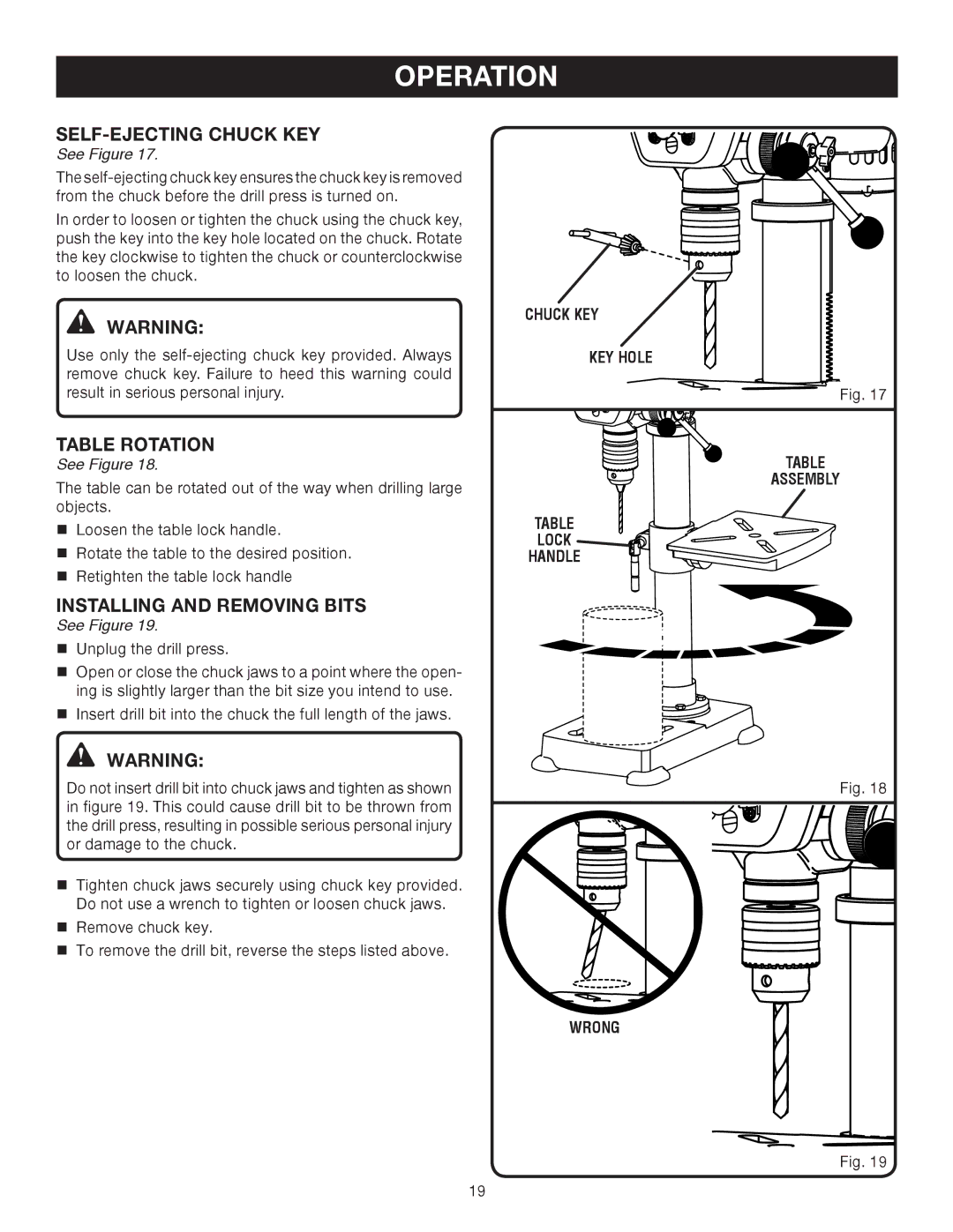 Ryobi DP102L manual SELF-EJECTING Chuck KEY, Table rotation, Installing and removing bits 