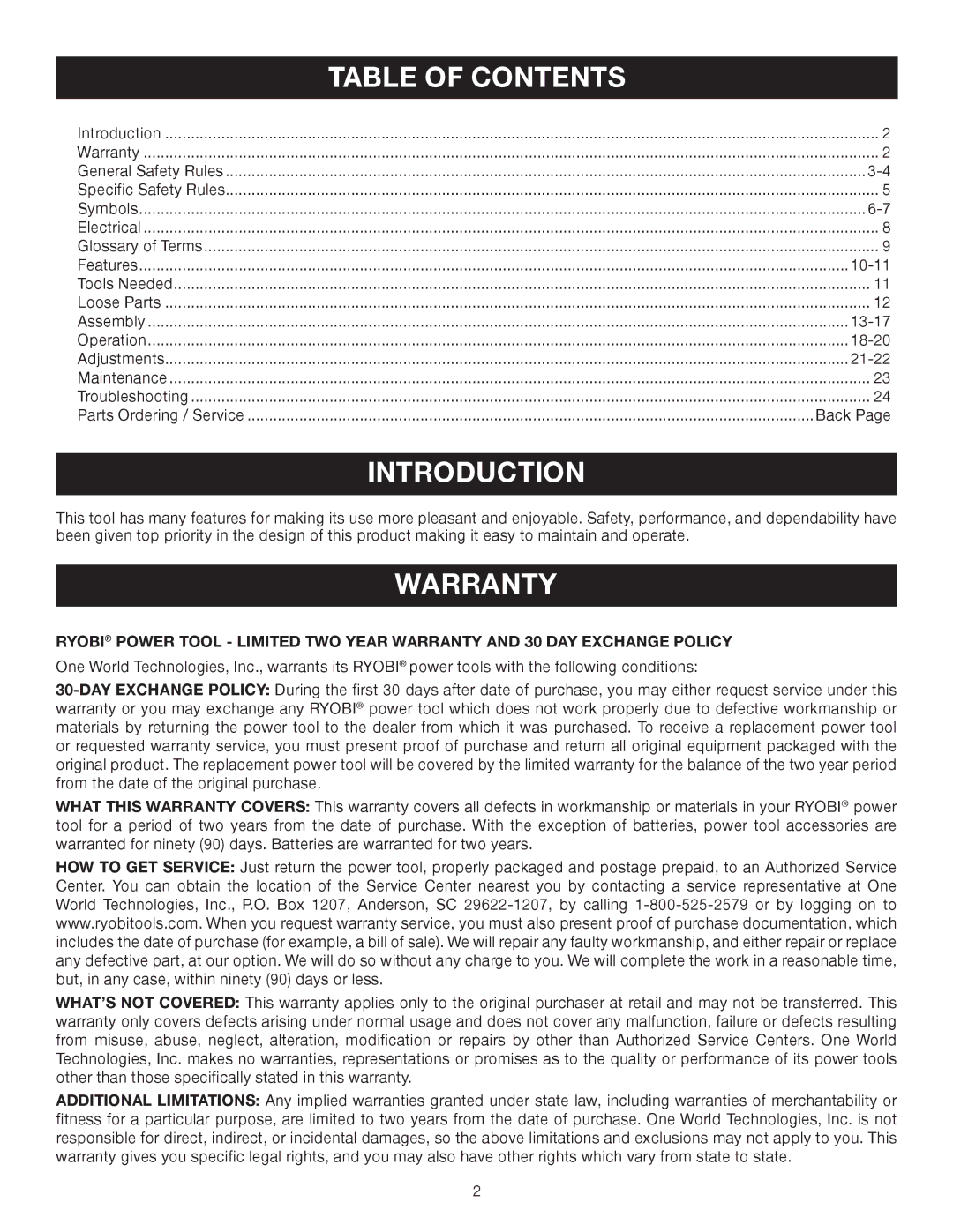 Ryobi DP102L manual Introduction, Warranty 
