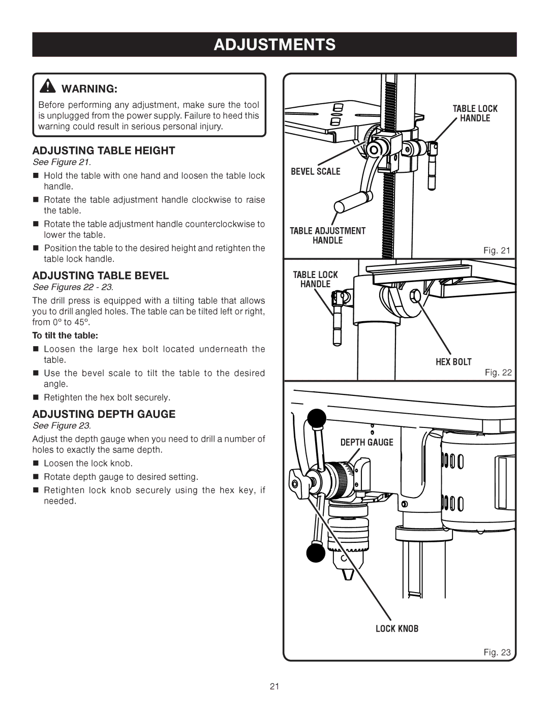 Ryobi DP102L manual Adjustments, Adjusting table height, Adjusting Table bevel, Adjusting depth Gauge, To tilt the table 