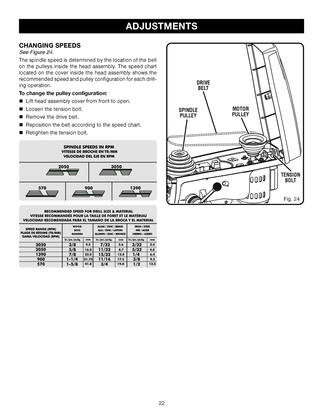 Ryobi DP102L manual Changing Speeds, To change the pulley configuration, Drive Belt, Bolt 