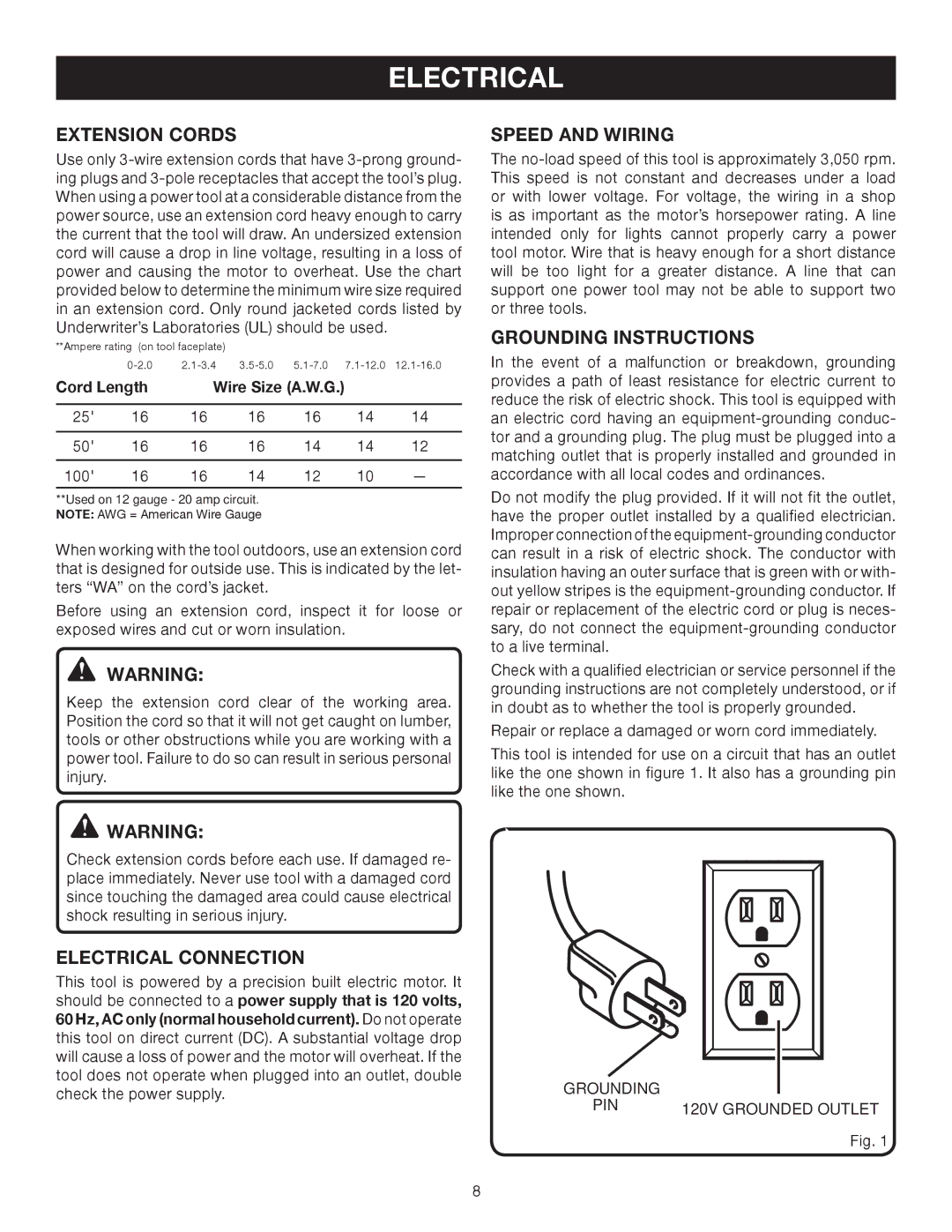 Ryobi DP102L manual Extension Cords, Electrical Connection, Speed and Wiring, Grounding Instructions 