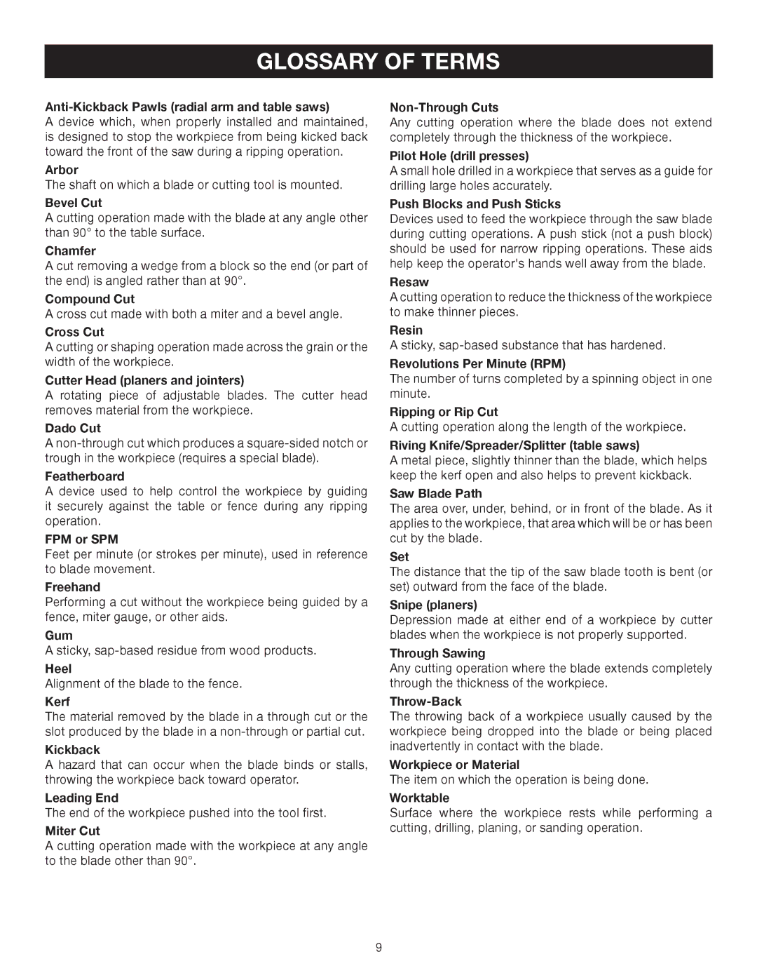 Ryobi DP102L manual Glossary of Terms 