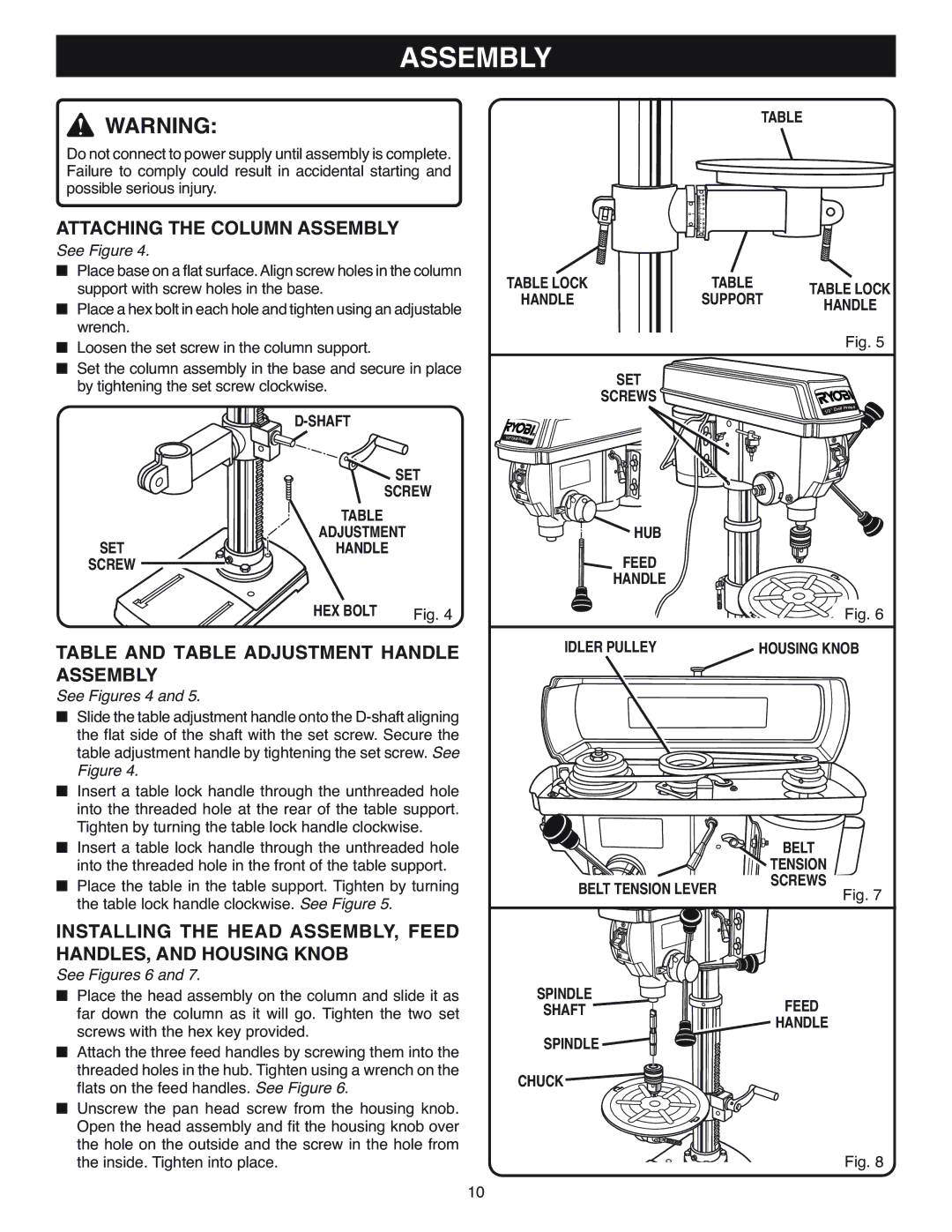 Ryobi DP120 warranty Attaching the Column Assembly, Table and Table Adjustment Handle Assembly 