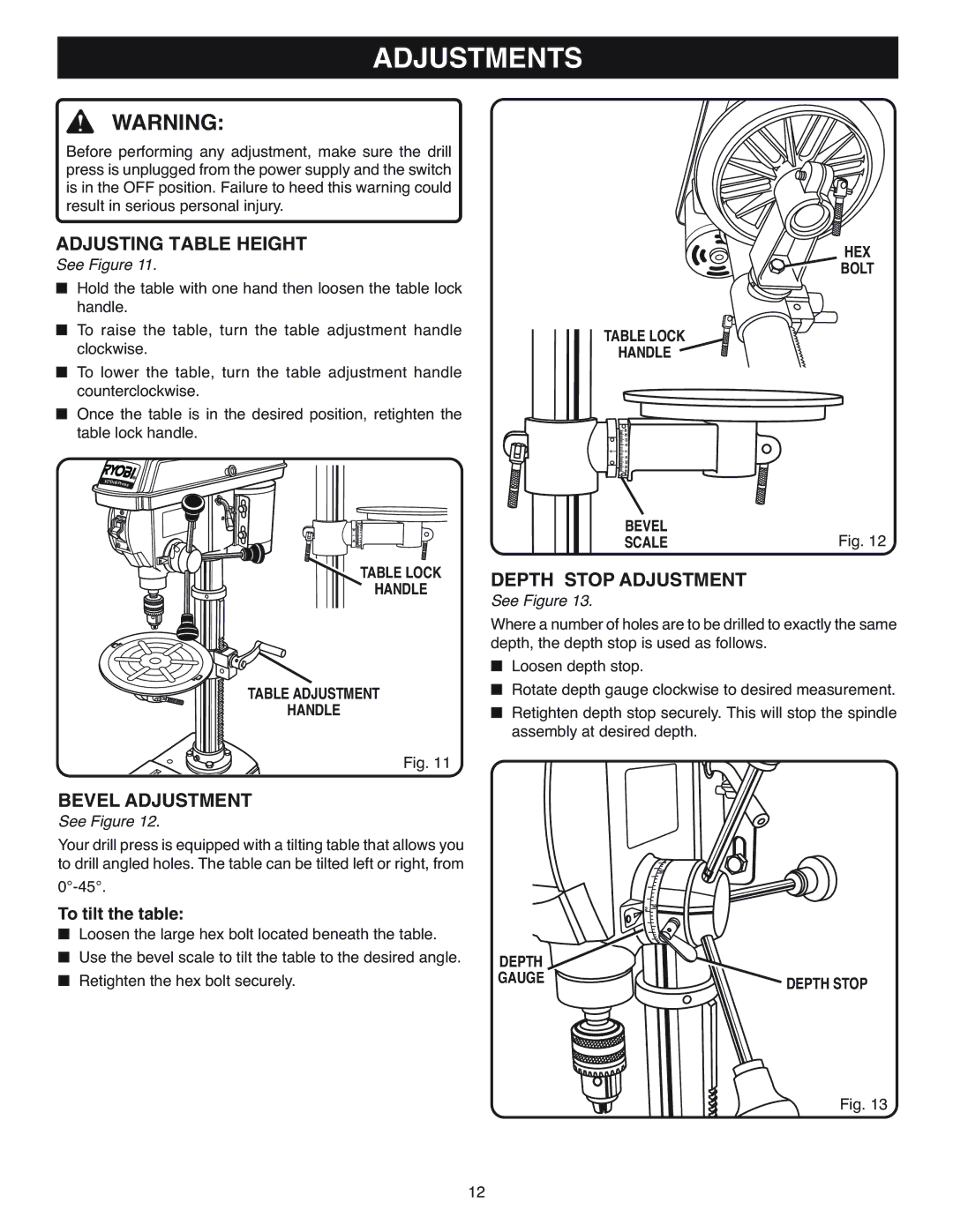 Ryobi DP120 warranty Adjustments, Adjusting Table Height, Bevel Adjustment, Depth Stop Adjustment 