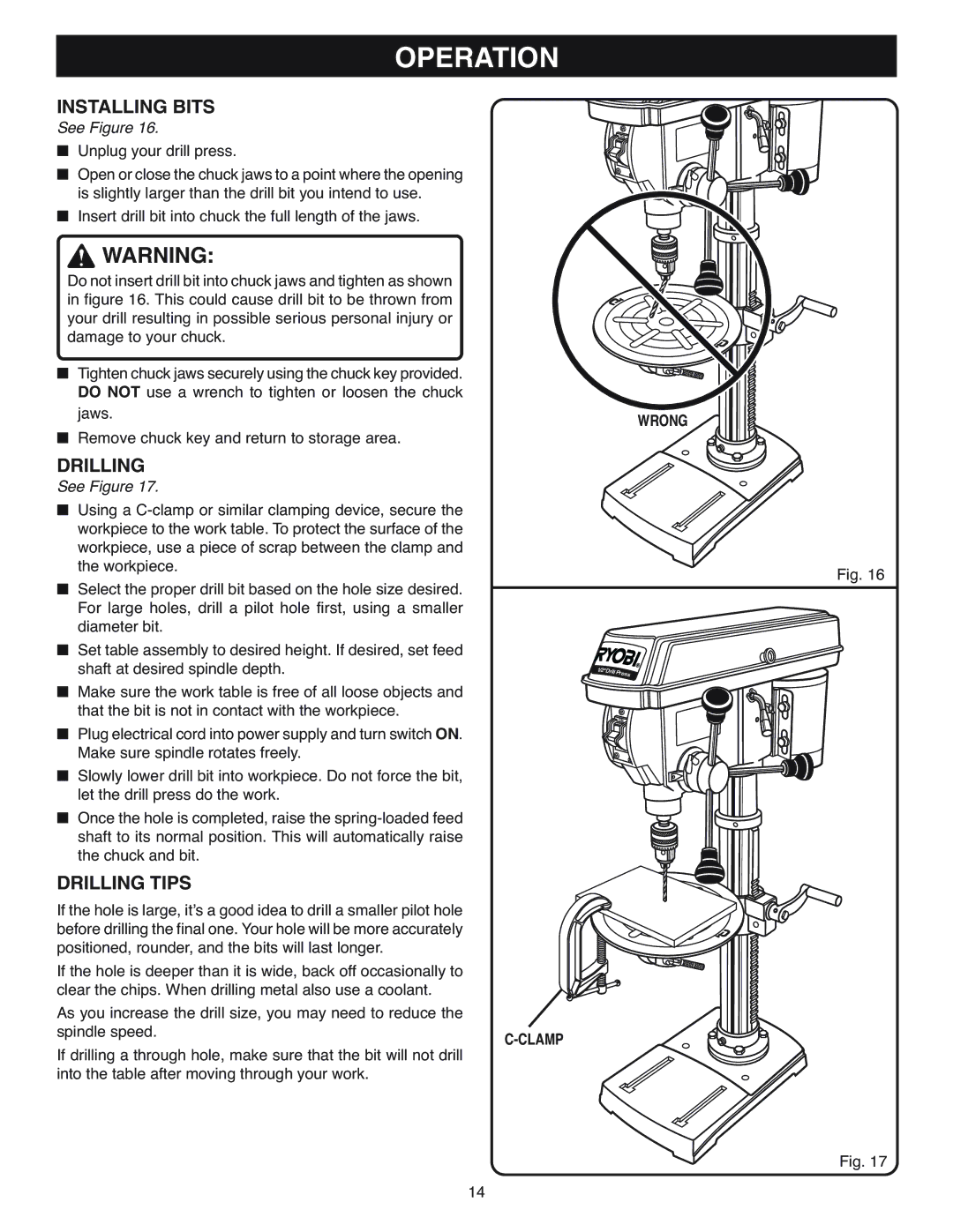 Ryobi DP120 warranty Installing Bits, Drilling Tips 