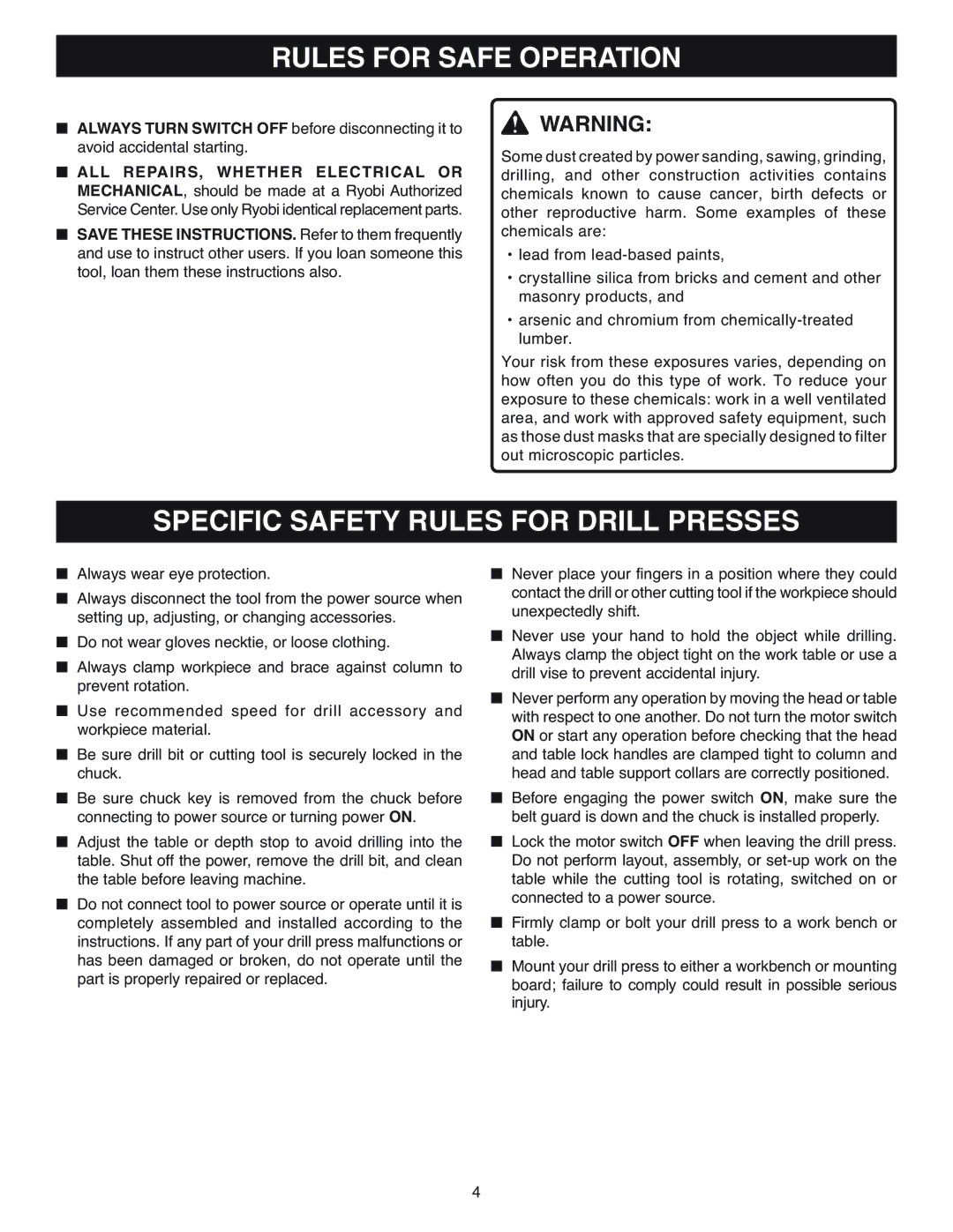 Ryobi DP120 warranty Specific Safety Rules for Drill Presses 