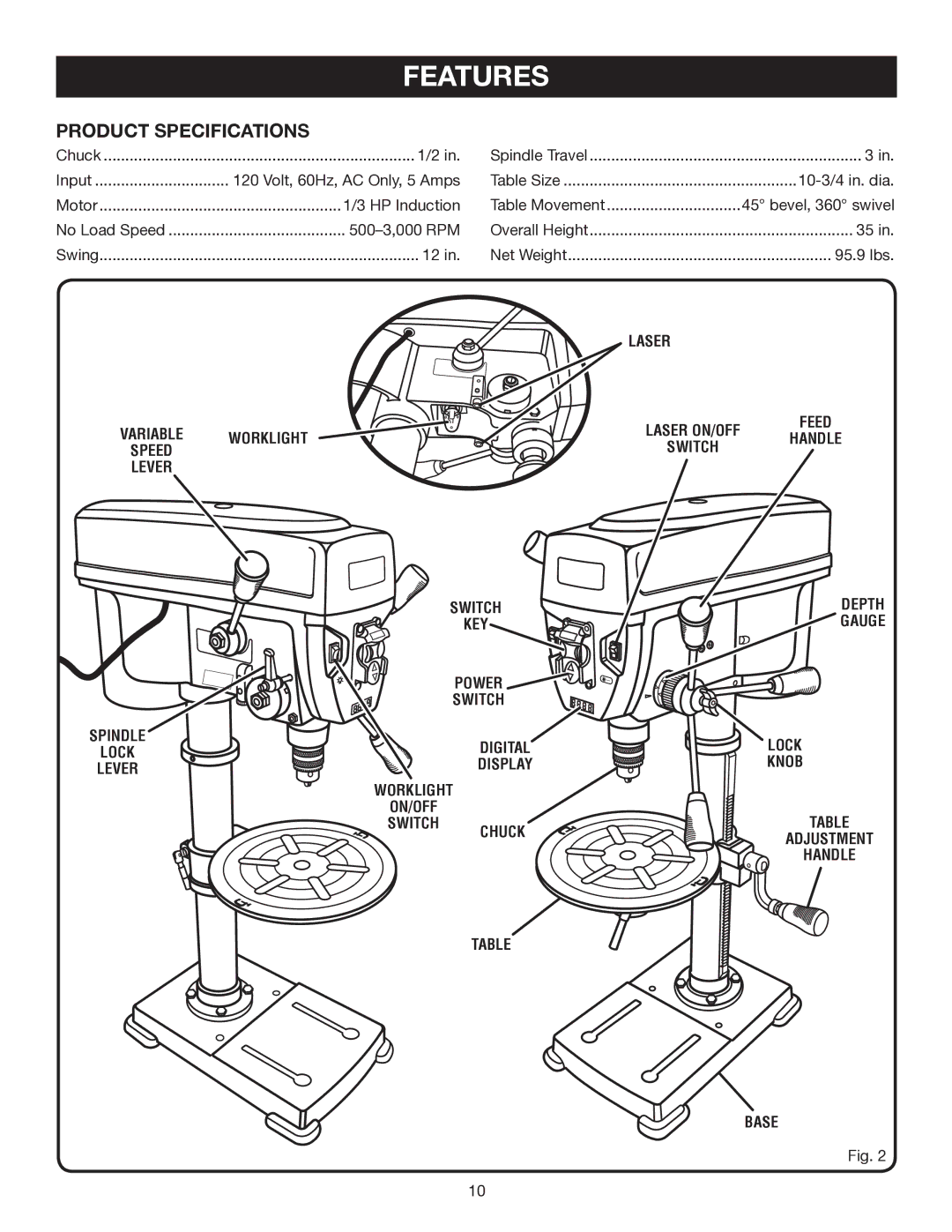 Ryobi DP121L manual Features, Product specifications, Digital 