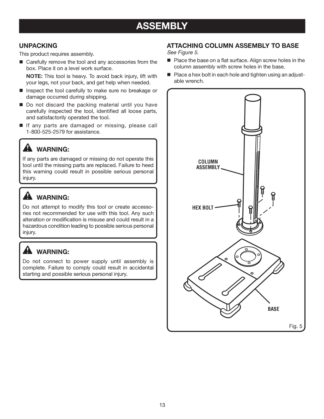 Ryobi DP121L manual Assembly, Unpacking, Attaching column assembly to base, Column ­assembly Hex bolt 