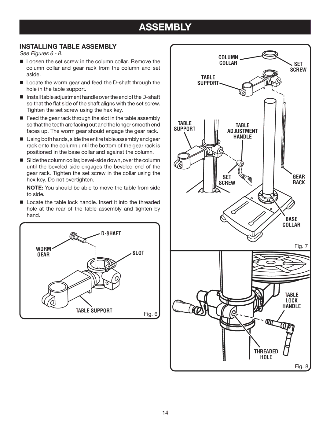 Ryobi DP121L manual Assembly, Installing table assembly, See Figures 6, Screw, Threaded 