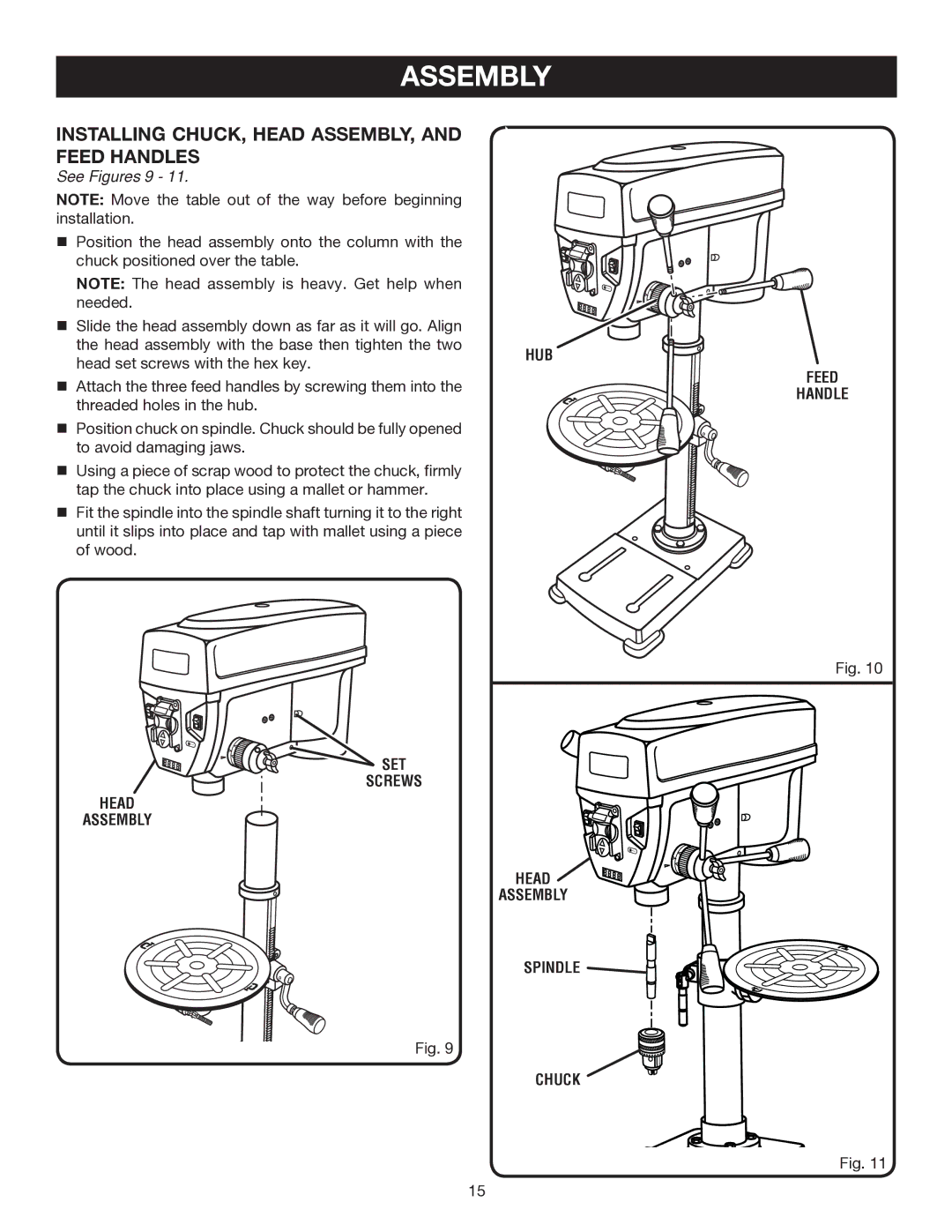 Ryobi DP121L manual Installing chuck, head assembly, and feed handles, See Figures 9 