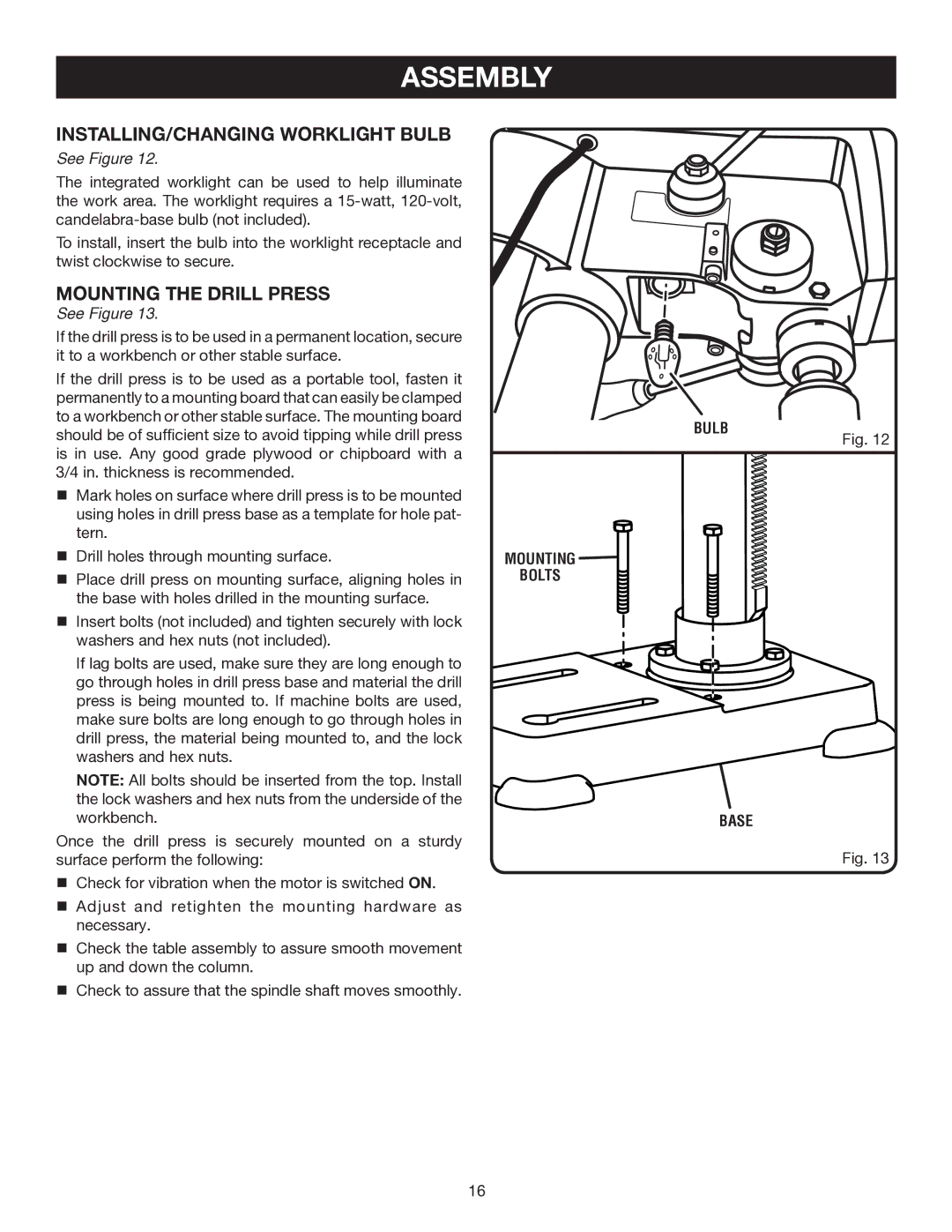 Ryobi DP121L manual Installing/changing worklight bulb, Mounting the Drill press, Bulb 