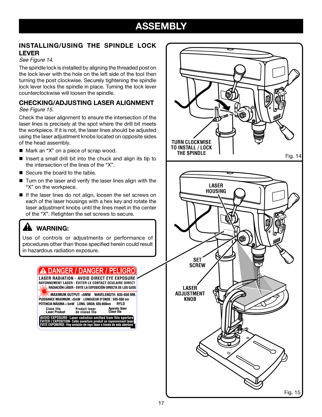 Ryobi DP121L manual Installing/using the spindle lock lever, CHECKING/adjusting Laser Alignment 