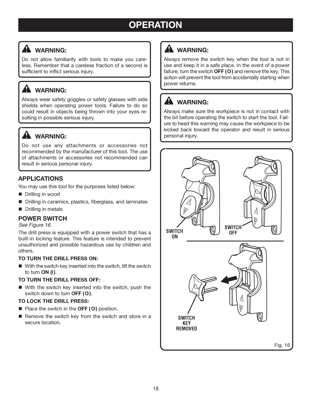 Ryobi DP121L manual Operation, Applications, Power Switch 