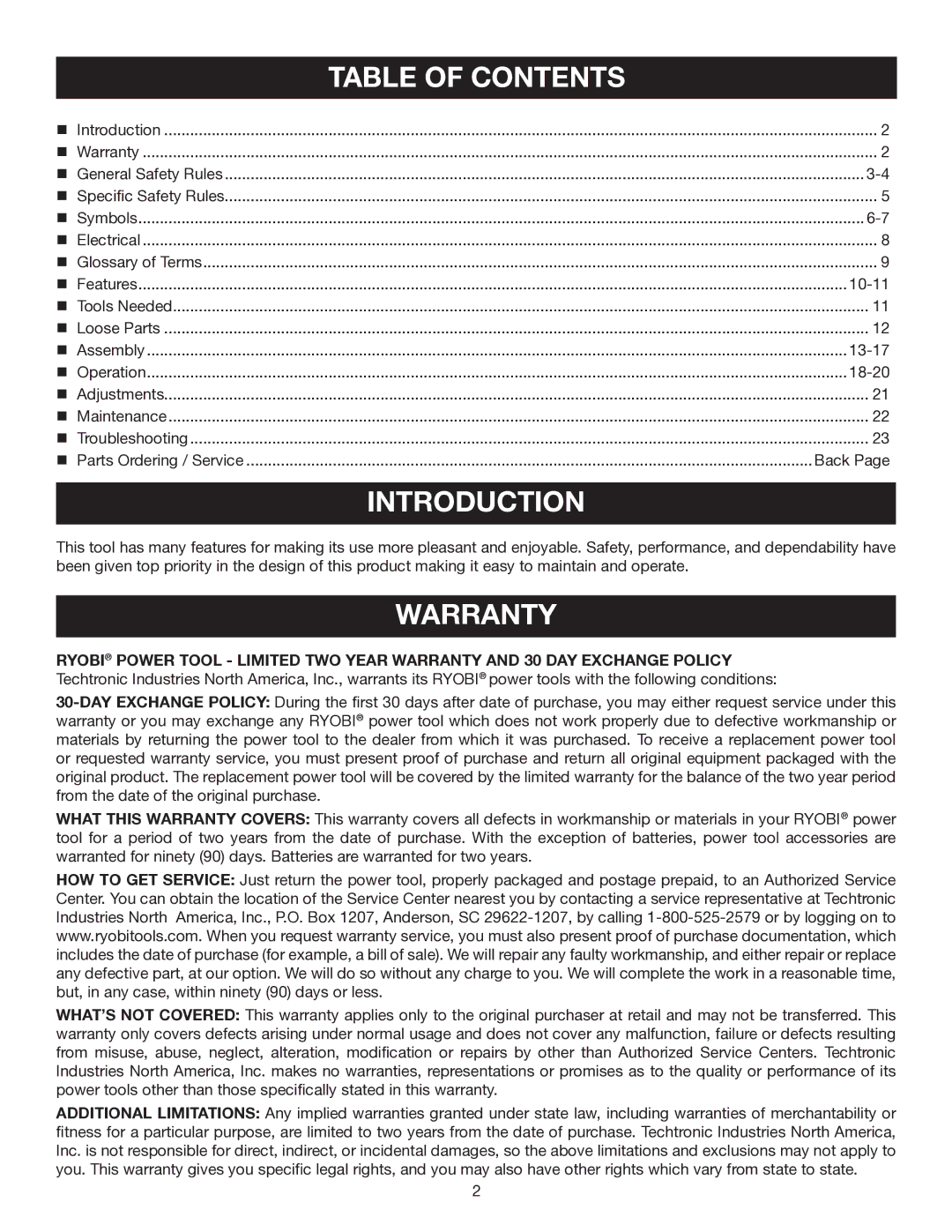 Ryobi DP121L manual Introduction, Warranty 