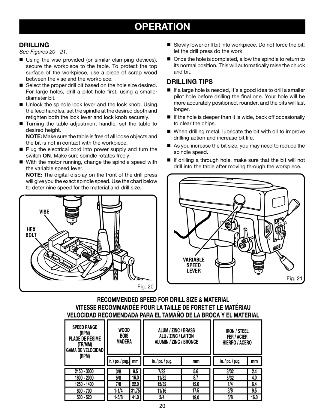 Ryobi DP121L manual Operation, Drilling Tips, See Figures 20, Vise 