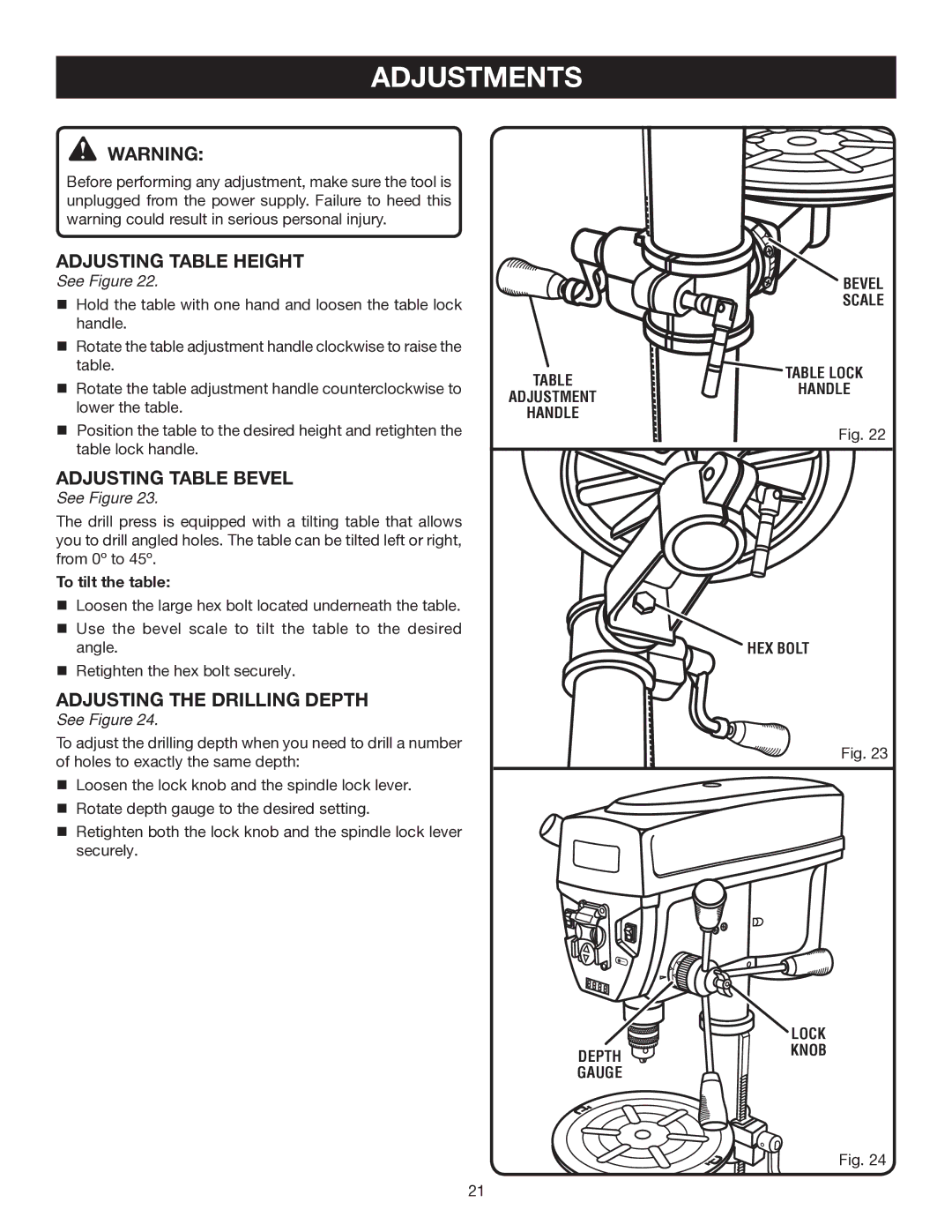 Ryobi DP121L manual Adjustments, Adjusting table height, Adjusting Table bevel, Adjusting the drilling depth 