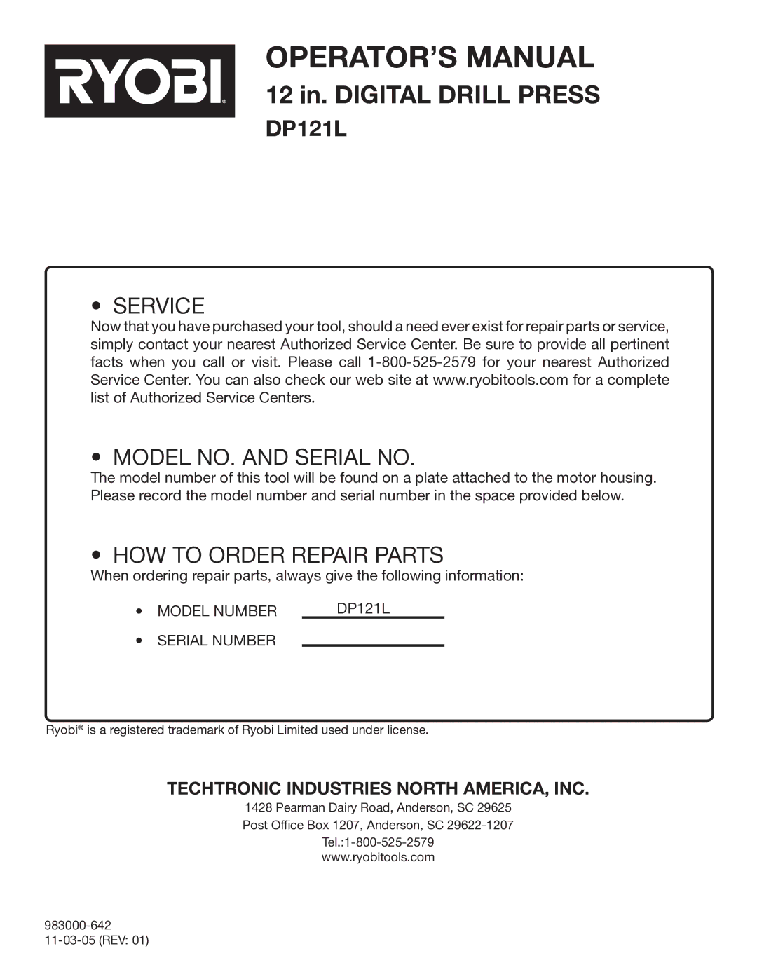 Ryobi DP121L manual Service Model NO. and Serial no 