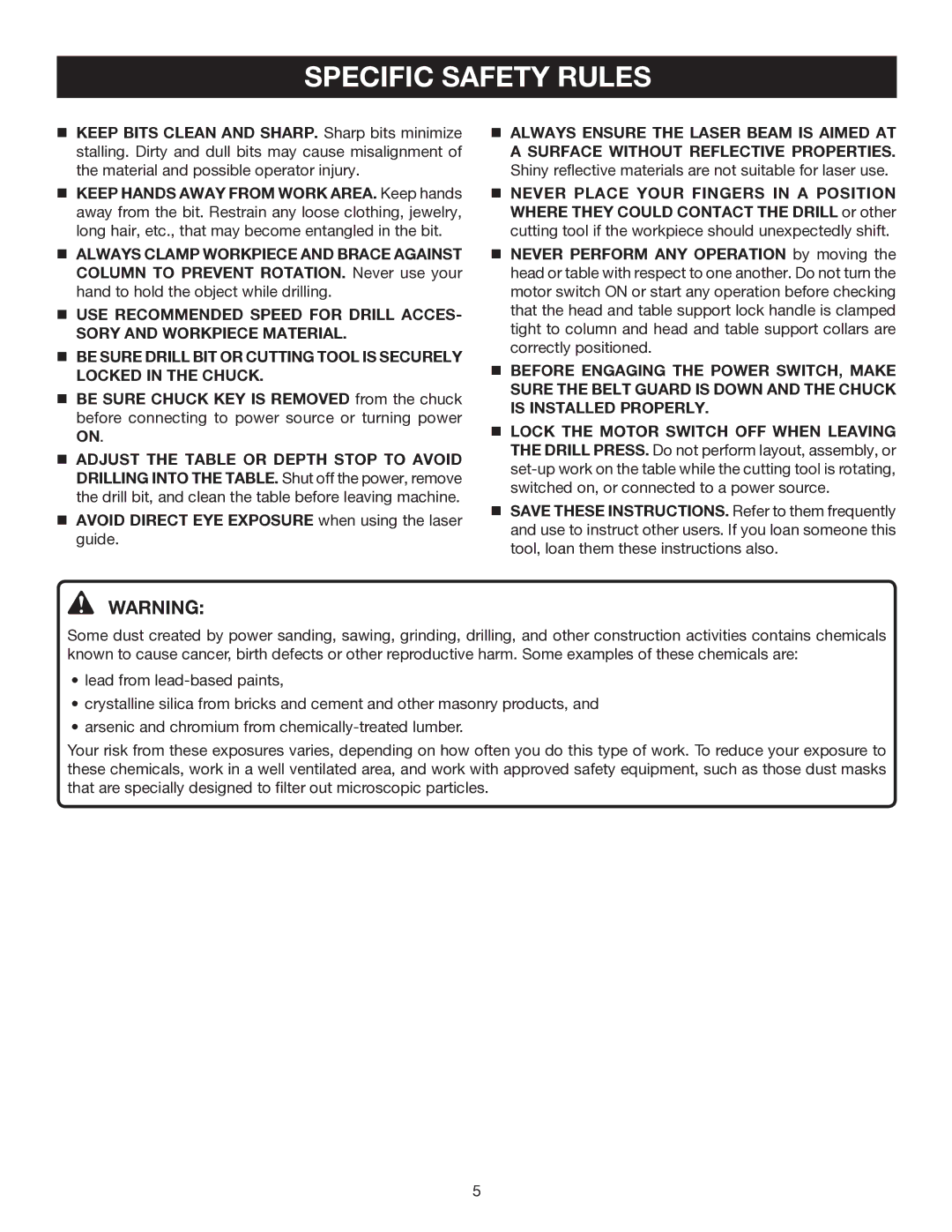 Ryobi DP121L manual Specific Safety Rules 