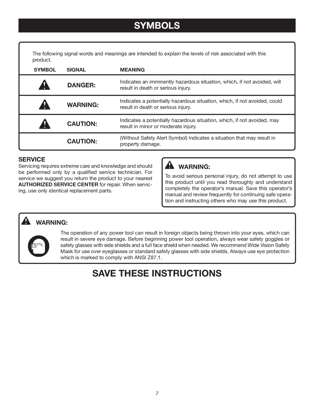 Ryobi DP121L manual Service, Symbol Signal Meaning 