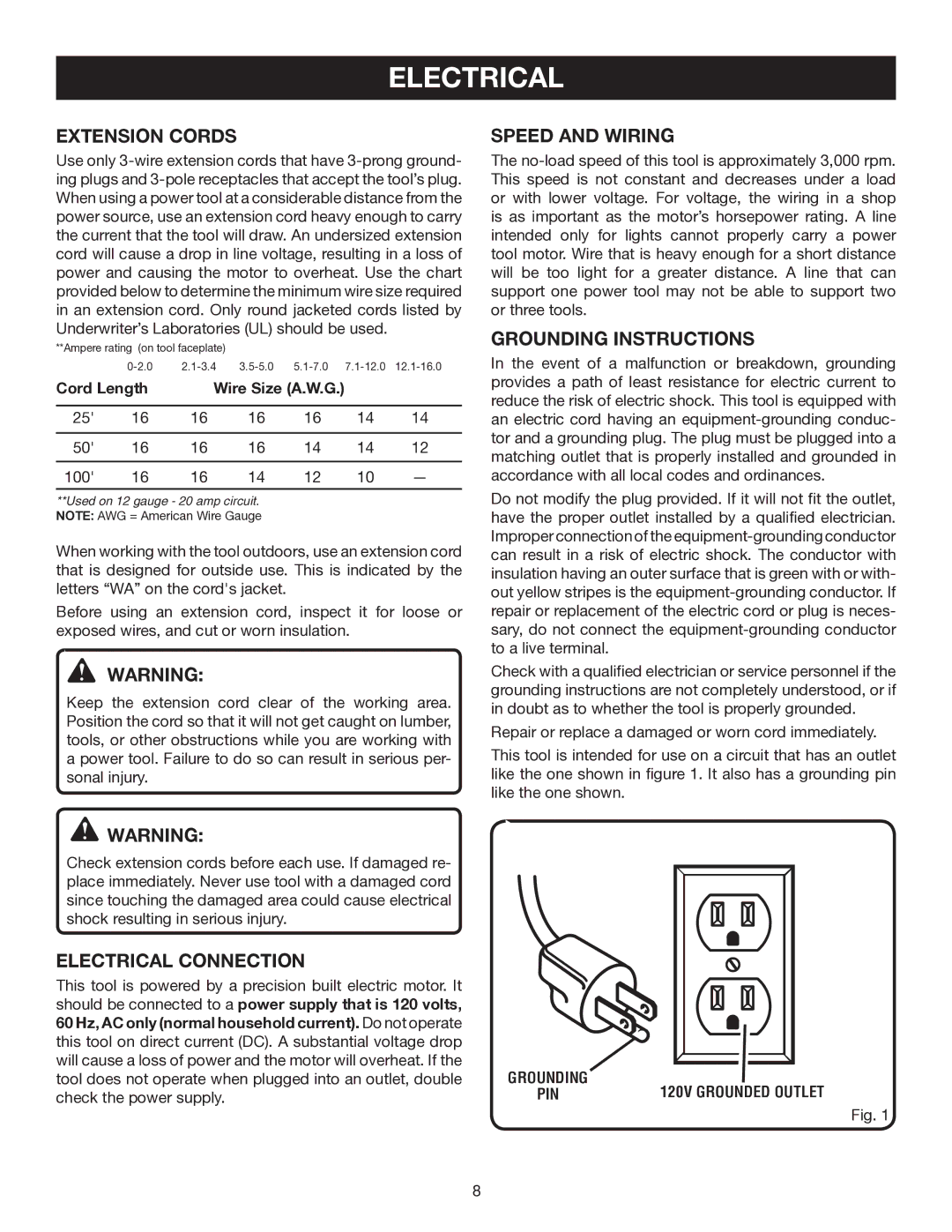 Ryobi DP121L manual Extension Cords, Electrical Connection, Speed and Wiring, Grounding Instructions 