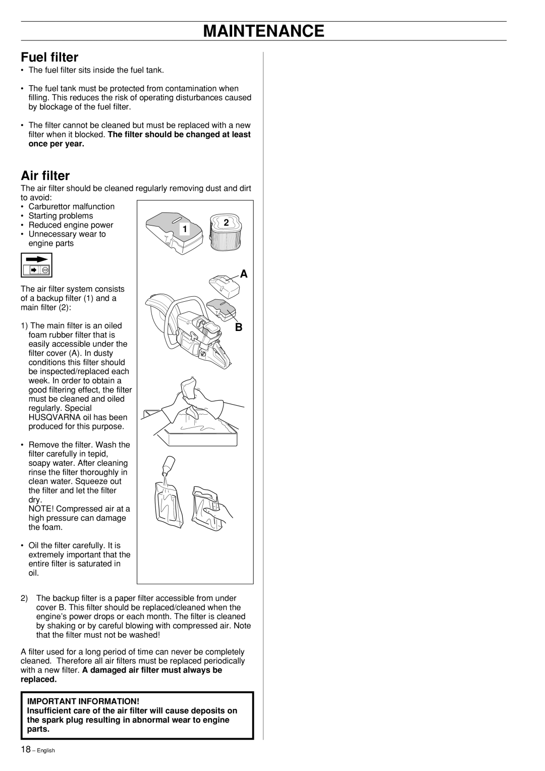 Ryobi Drill Press manual Fuel filter, Air filter 