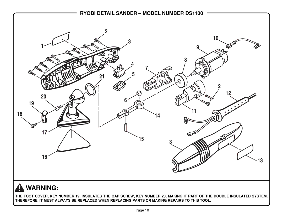 Ryobi specifications Ryobi Detail Sander Model Number DS1100 