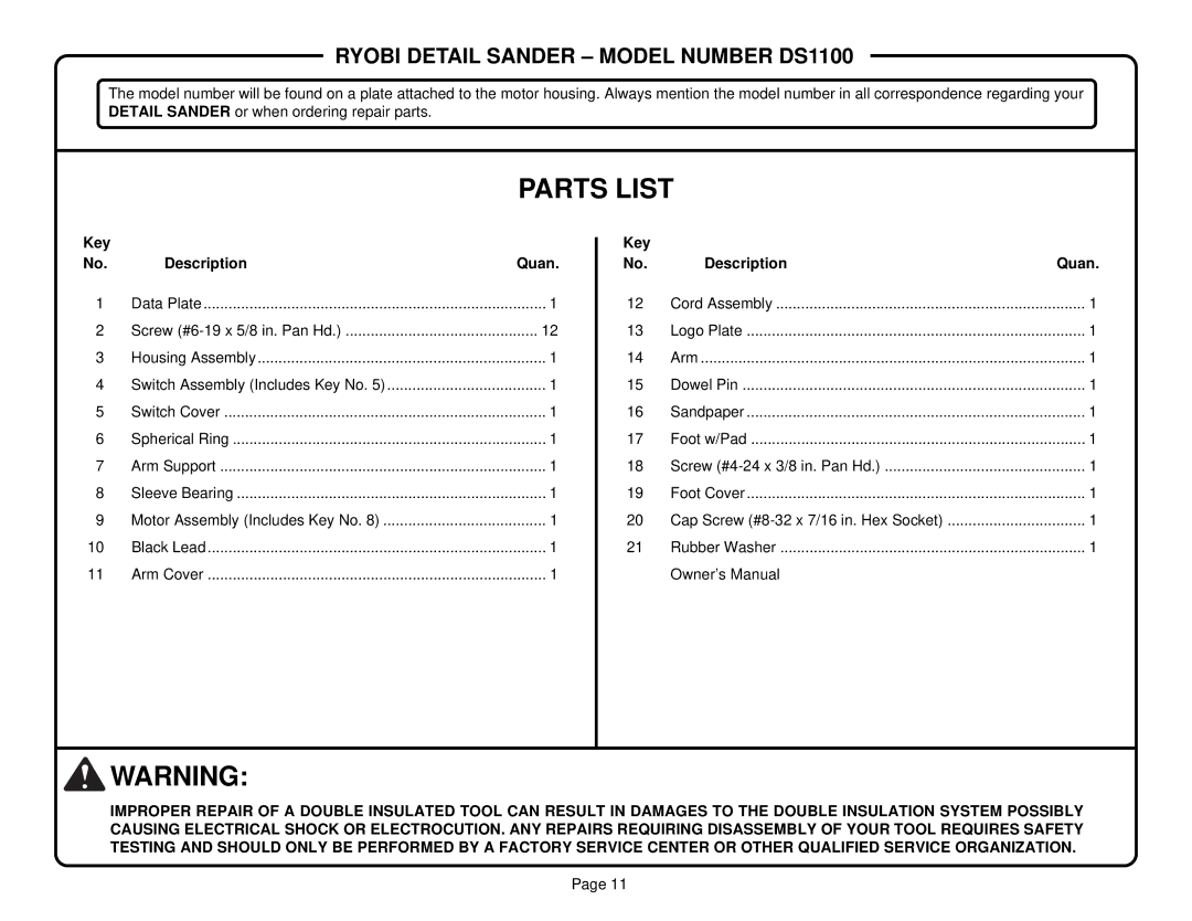 Ryobi DS1100 specifications Parts List 